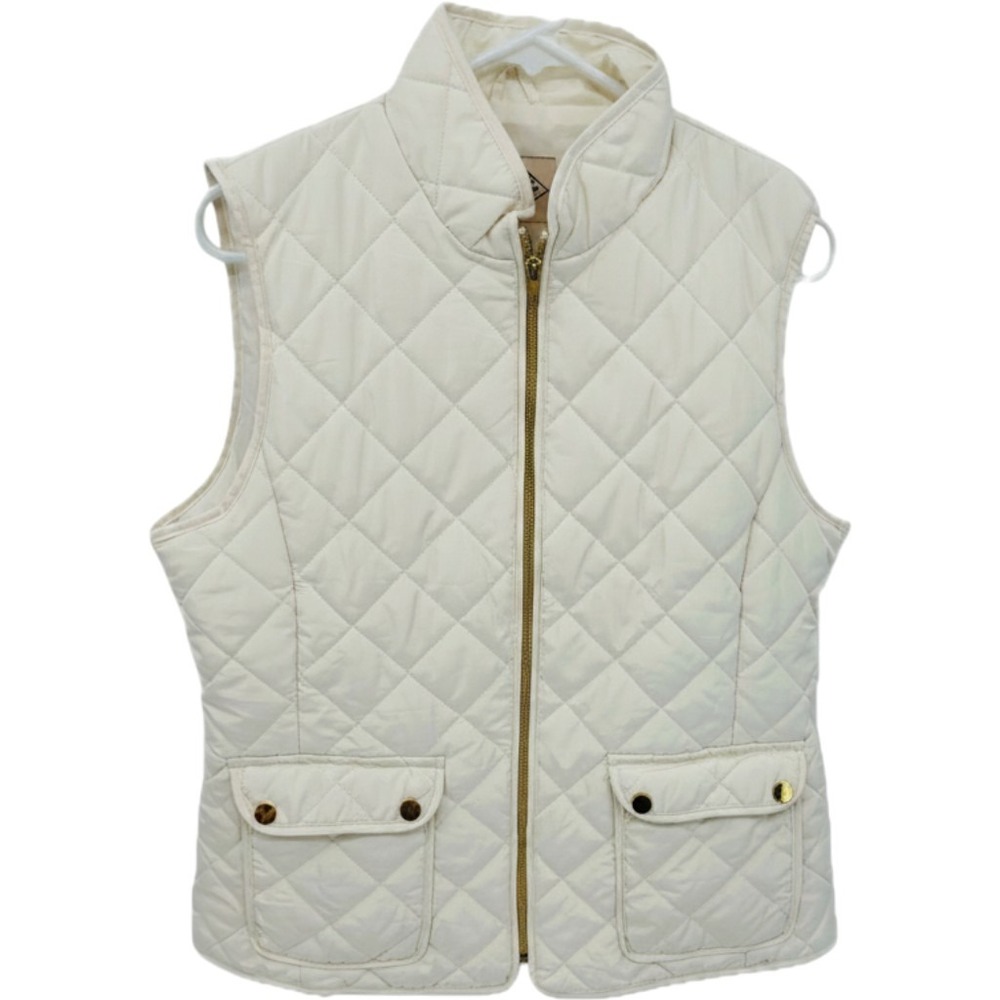 St Johns Bay Quilted Vest Womens Large Cream Gold Zip Collared Pockets Excellent